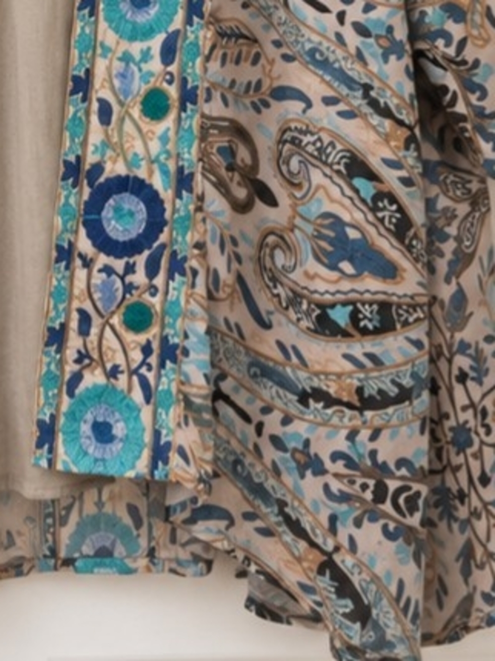 Embroidered Open-Front Kimono Jacket in Beige and Teal - Picture 5 of 9